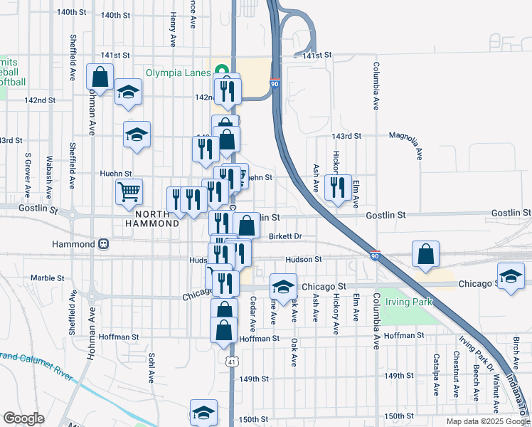 map of restaurants, bars, coffee shops, grocery stores, and more near 4435 Cedar Avenue in Hammond