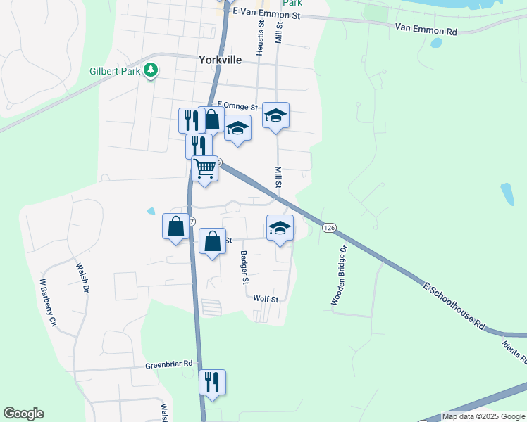 map of restaurants, bars, coffee shops, grocery stores, and more near 122 Colonial Parkway in Yorkville