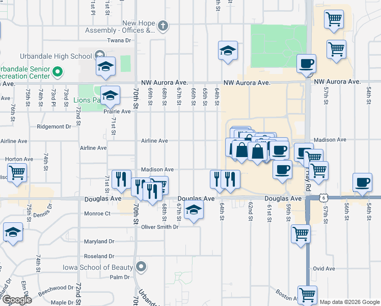 map of restaurants, bars, coffee shops, grocery stores, and more near 3922 66th Street in Urbandale