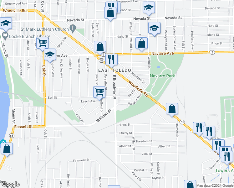 map of restaurants, bars, coffee shops, grocery stores, and more near 967 East Broadway Street in Toledo
