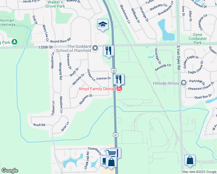 map of restaurants, bars, coffee shops, grocery stores, and more near 13360 Ranchland Drive in Plainfield