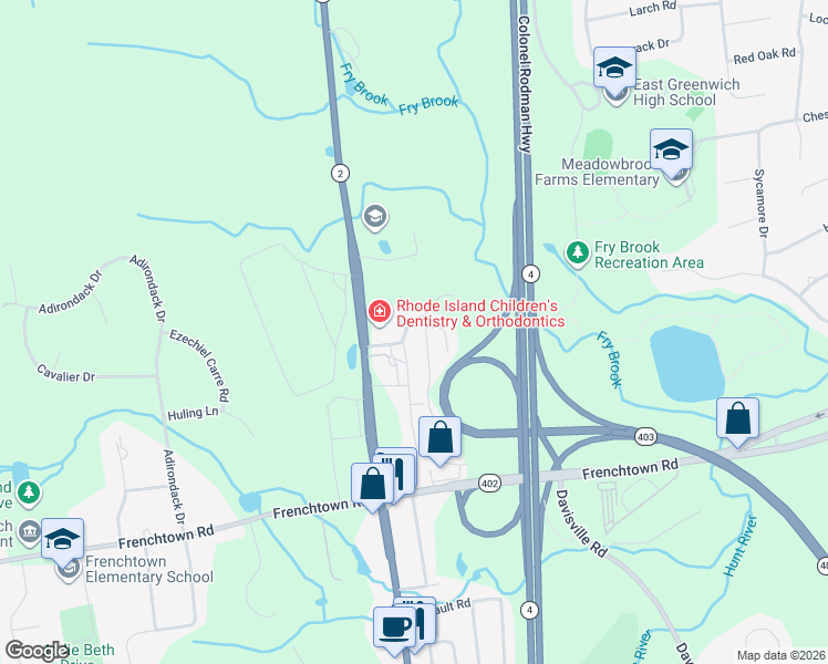map of restaurants, bars, coffee shops, grocery stores, and more near 55 Lakeshore Drive in East Greenwich