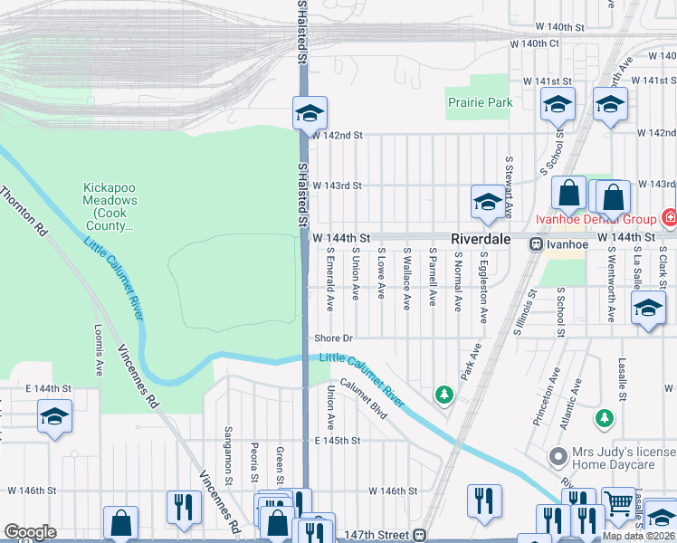map of restaurants, bars, coffee shops, grocery stores, and more near 14422 South Emerald Avenue in Chicago