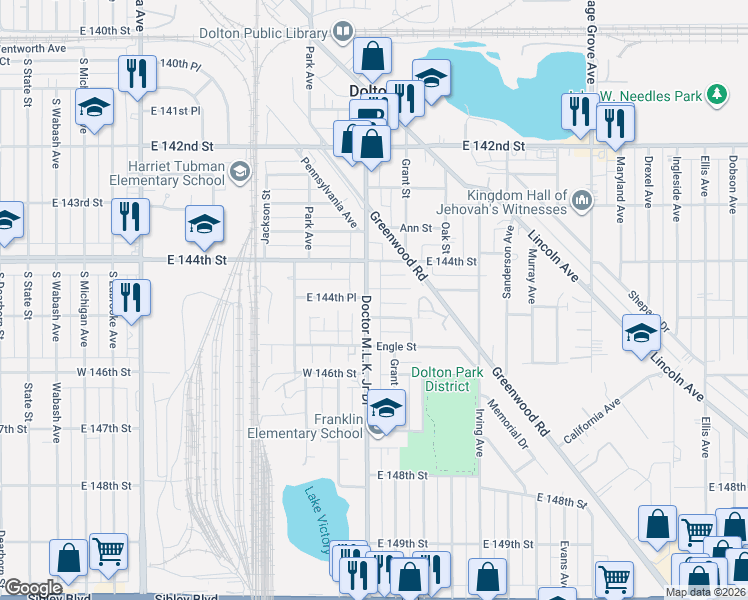 map of restaurants, bars, coffee shops, grocery stores, and more near 14427 Doctor Martin Luther King Junior Drive in Dolton