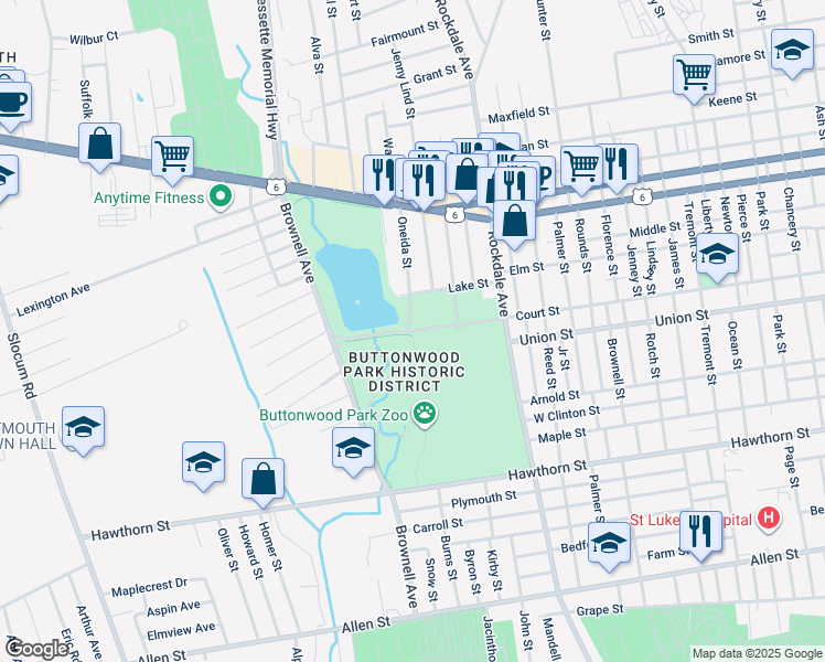 map of restaurants, bars, coffee shops, grocery stores, and more near Lieutenant Walter E. Fuller Memorial Parkway in New Bedford