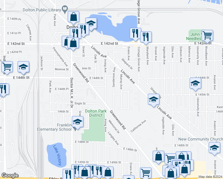map of restaurants, bars, coffee shops, grocery stores, and more near 14434 Sanderson Avenue in Dolton