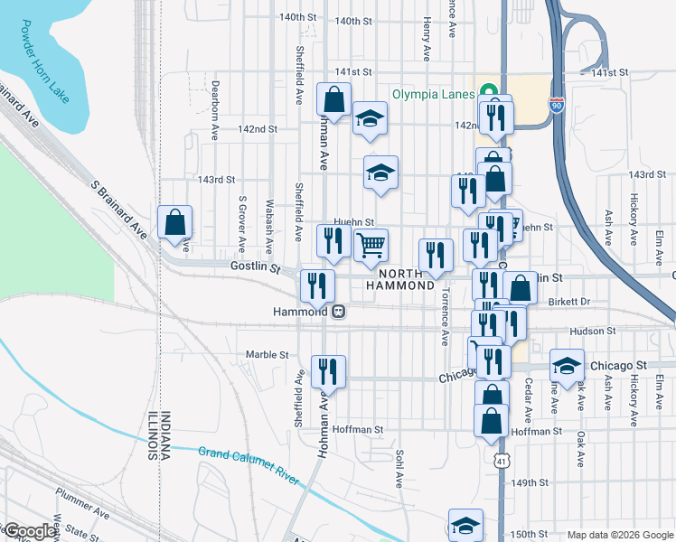 map of restaurants, bars, coffee shops, grocery stores, and more near 4435 Towle Avenue in Hammond