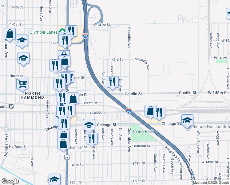 map of restaurants, bars, coffee shops, grocery stores, and more near 1109 Gostlin Street in Hammond