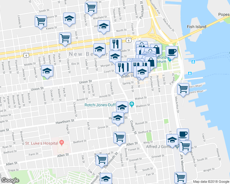 map of restaurants, bars, coffee shops, grocery stores, and more near 35 Arnold Street in New Bedford