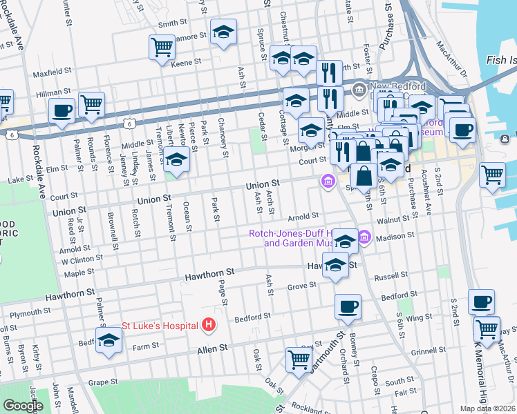 map of restaurants, bars, coffee shops, grocery stores, and more near 186 Ash Street in New Bedford