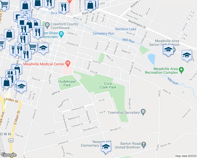 map of restaurants, bars, coffee shops, grocery stores, and more near 670 Pine Street in Meadville