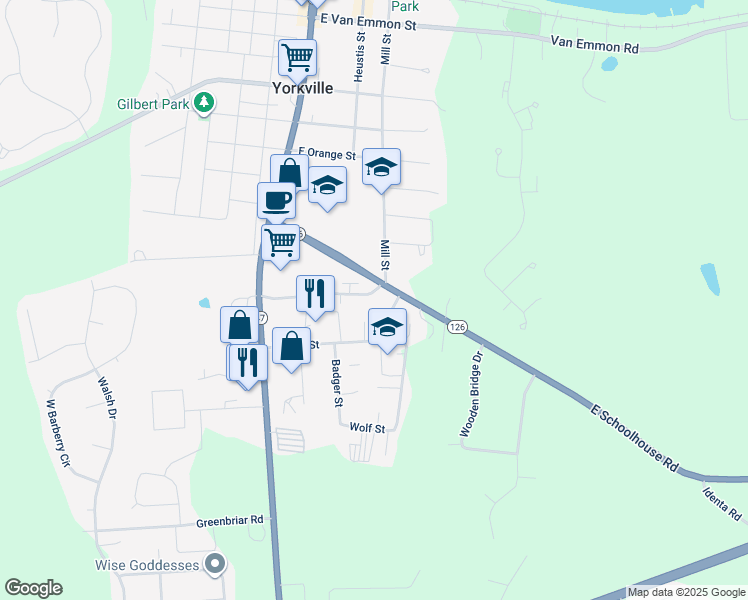map of restaurants, bars, coffee shops, grocery stores, and more near 122 Colonial Parkway in Yorkville