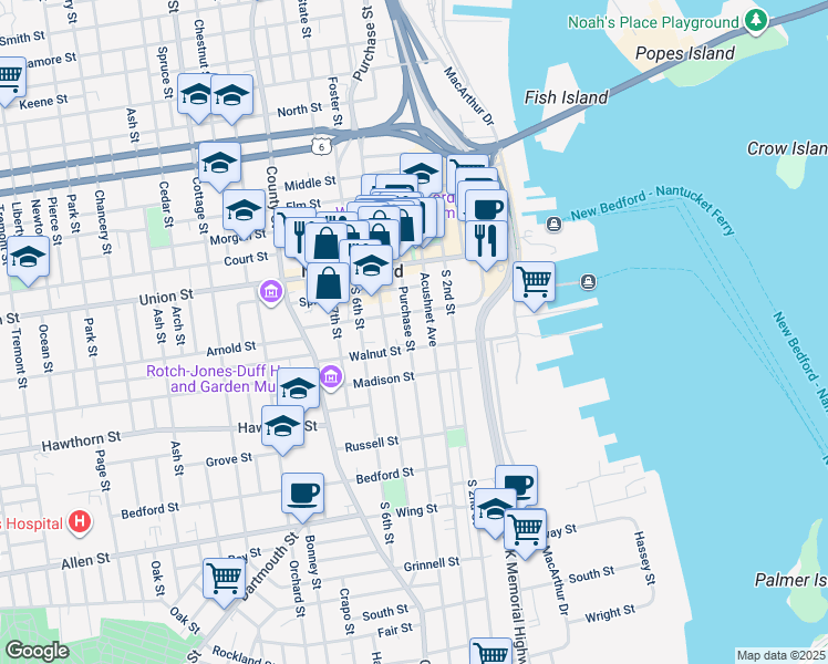map of restaurants, bars, coffee shops, grocery stores, and more near 436-444 Pleasant Street in New Bedford