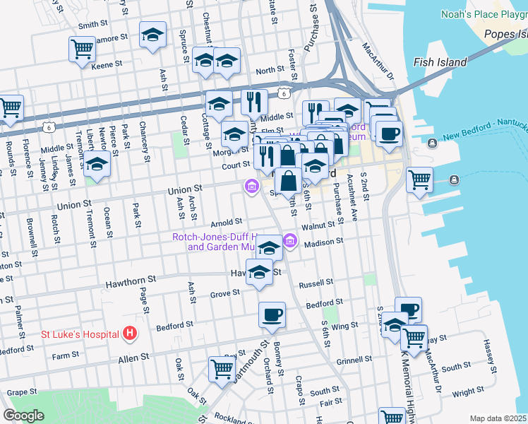 map of restaurants, bars, coffee shops, grocery stores, and more near 35 Arnold Street in New Bedford