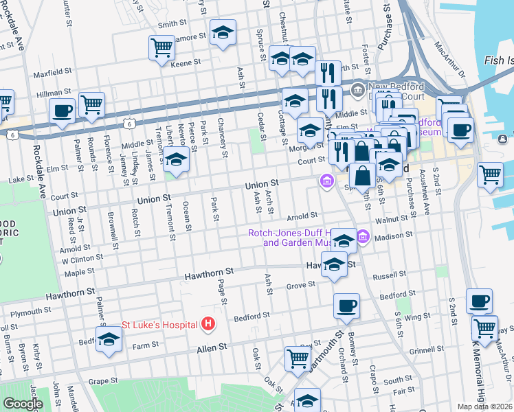map of restaurants, bars, coffee shops, grocery stores, and more near 186 Ash Street in New Bedford