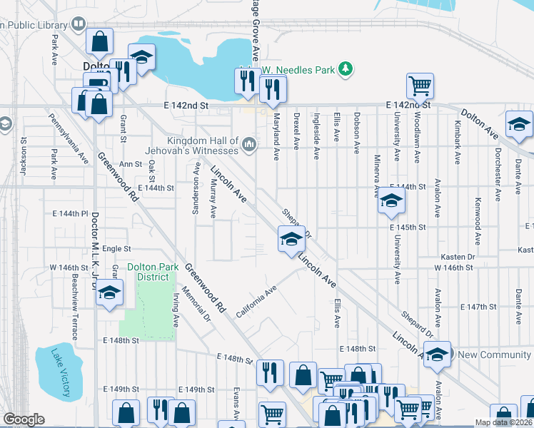 map of restaurants, bars, coffee shops, grocery stores, and more near 14422 Shepard Drive in Dolton