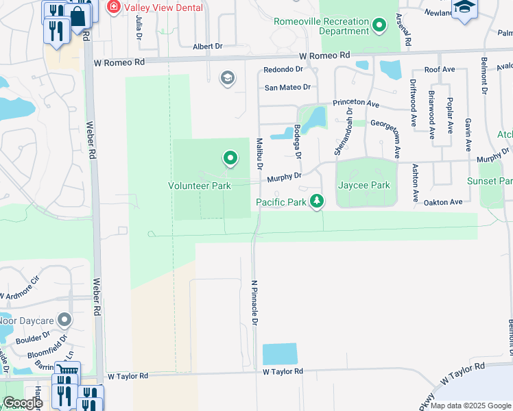 map of restaurants, bars, coffee shops, grocery stores, and more near 186 Malibu Drive in Romeoville
