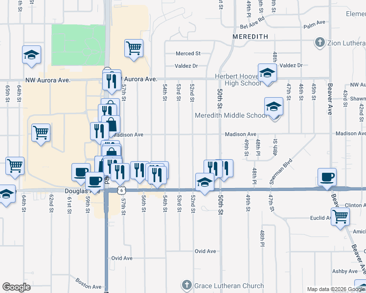 map of restaurants, bars, coffee shops, grocery stores, and more near 3936 53rd Street in Des Moines