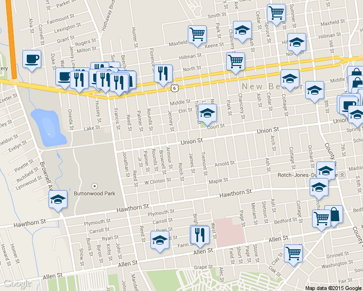 map of restaurants, bars, coffee shops, grocery stores, and more near 568 Union Street in New Bedford