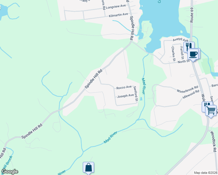 map of restaurants, bars, coffee shops, grocery stores, and more near 54 Cancellaro Drive in Wolcott