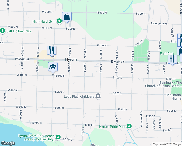 map of restaurants, bars, coffee shops, grocery stores, and more near 231 East 100 North in Hyrum