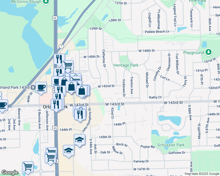 map of restaurants, bars, coffee shops, grocery stores, and more near 9231 West 142nd Street in Orland Park