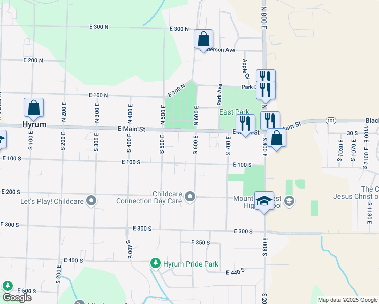 map of restaurants, bars, coffee shops, grocery stores, and more near 47 South 600 East in Hyrum