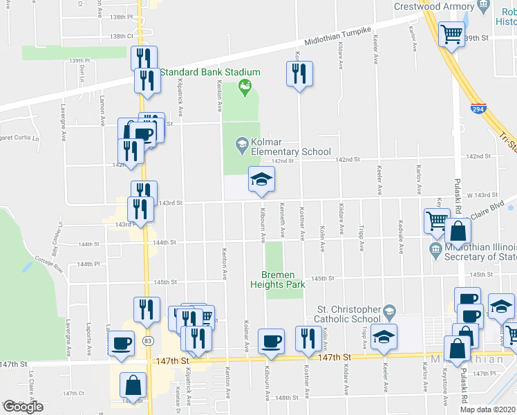 map of restaurants, bars, coffee shops, grocery stores, and more near 4507 West 143rd Street in Midlothian