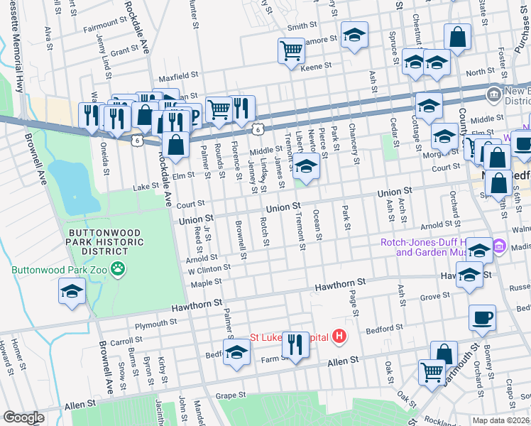 map of restaurants, bars, coffee shops, grocery stores, and more near 568 Union Street in New Bedford