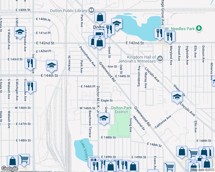 map of restaurants, bars, coffee shops, grocery stores, and more near 627 East 144th Place in Dolton