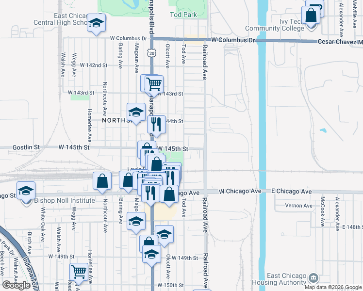 map of restaurants, bars, coffee shops, grocery stores, and more near 608 W 145th St in East Chicago