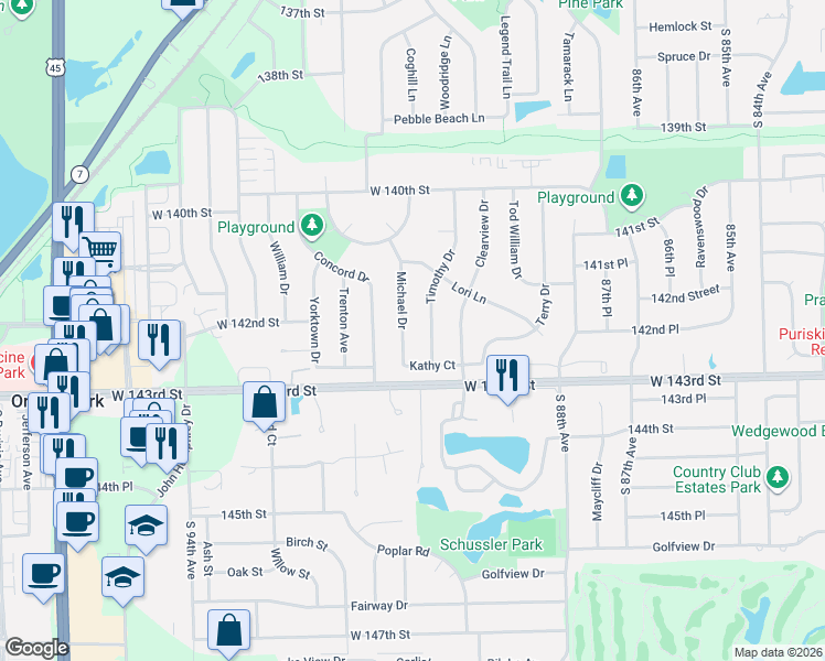 map of restaurants, bars, coffee shops, grocery stores, and more near 14201 Michael Drive in Orland Park