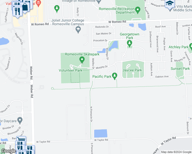 map of restaurants, bars, coffee shops, grocery stores, and more near 1073 Key Largo Drive in Romeoville