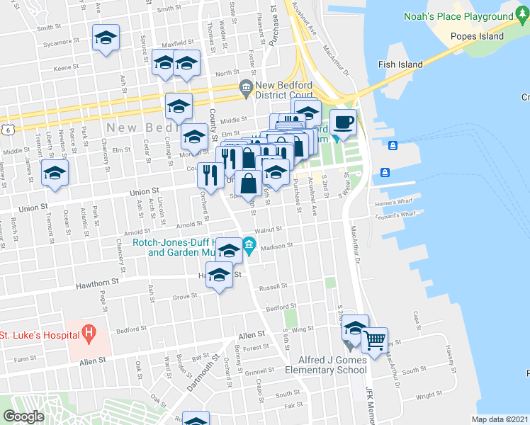 map of restaurants, bars, coffee shops, grocery stores, and more near 23 South 6th Street in New Bedford