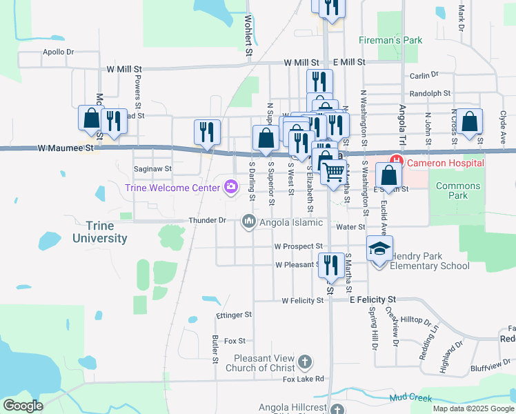map of restaurants, bars, coffee shops, grocery stores, and more near 315 South Darling Street in Angola