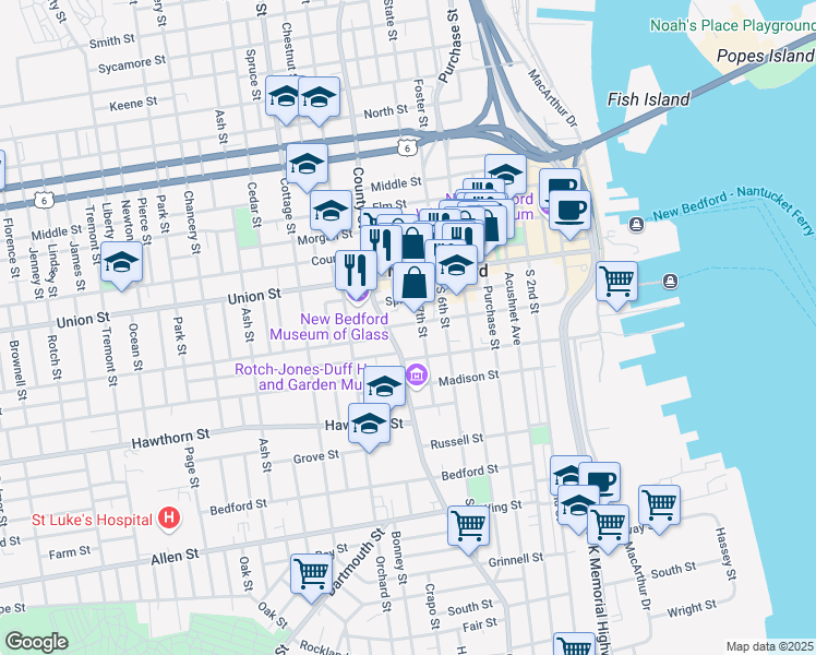 map of restaurants, bars, coffee shops, grocery stores, and more near 130 School Street in New Bedford