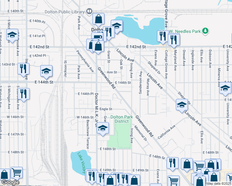 map of restaurants, bars, coffee shops, grocery stores, and more near 14400 Grant Street in Dolton
