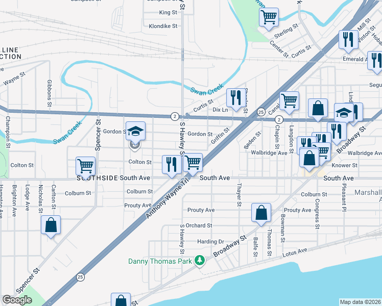 map of restaurants, bars, coffee shops, grocery stores, and more near 1037 Walbridge Avenue in Toledo