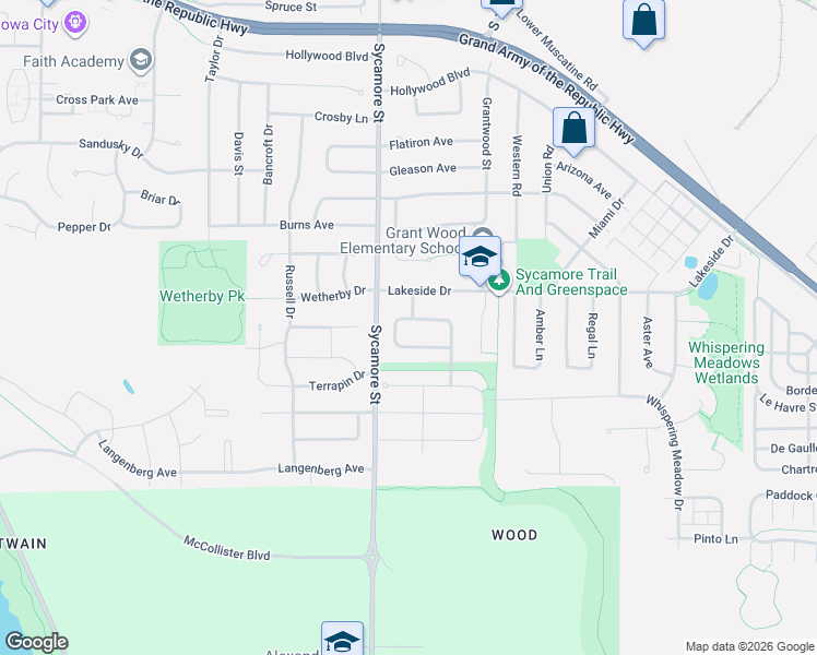 map of restaurants, bars, coffee shops, grocery stores, and more near 101 Stanwyck Drive in Iowa City