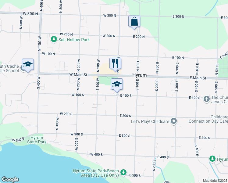 map of restaurants, bars, coffee shops, grocery stores, and more near 90 South Center Street in Hyrum