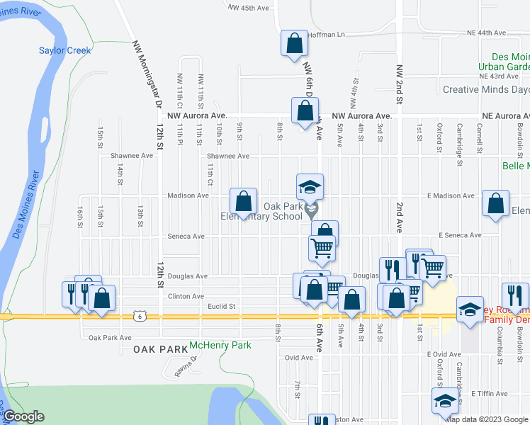 map of restaurants, bars, coffee shops, grocery stores, and more near 3927 8th Place in Des Moines