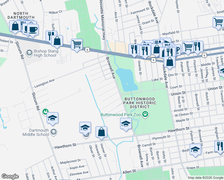 map of restaurants, bars, coffee shops, grocery stores, and more near 325 Brownell Avenue in New Bedford