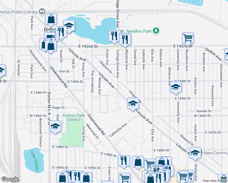 map of restaurants, bars, coffee shops, grocery stores, and more near 14430 Lincoln Avenue in Dolton
