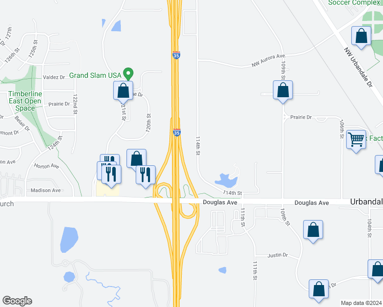 map of restaurants, bars, coffee shops, grocery stores, and more near 3940 114th Street in Urbandale