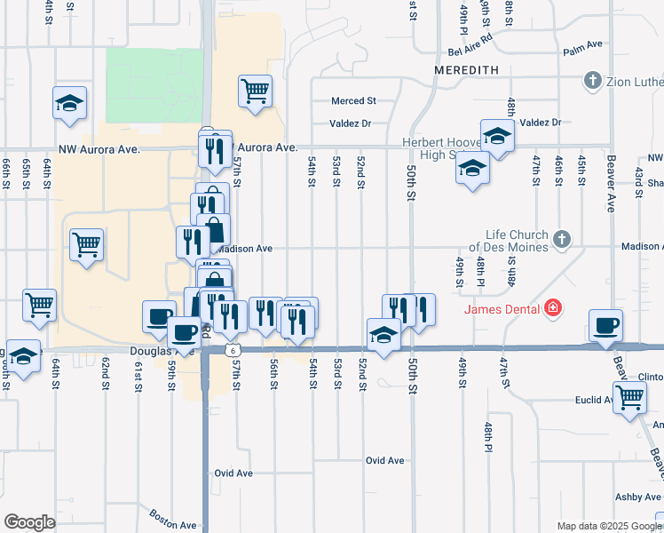 map of restaurants, bars, coffee shops, grocery stores, and more near 3936 53rd Street in Des Moines