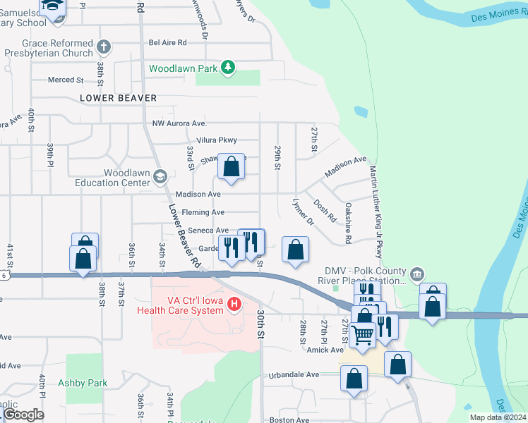 map of restaurants, bars, coffee shops, grocery stores, and more near 3921 30th Street in Des Moines