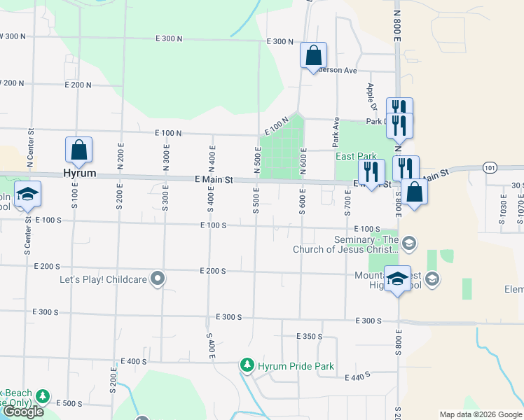 map of restaurants, bars, coffee shops, grocery stores, and more near 65 South 500 East in Hyrum