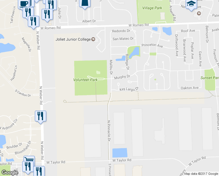 map of restaurants, bars, coffee shops, grocery stores, and more near 186 Malibu Drive in Romeoville