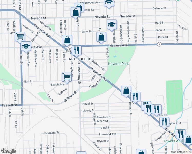 map of restaurants, bars, coffee shops, grocery stores, and more near 1204 Woodville Road in Toledo