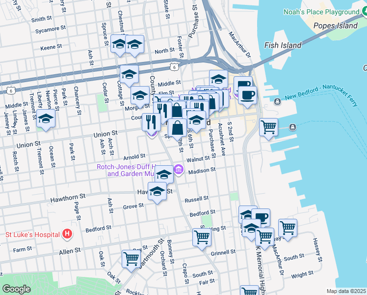 map of restaurants, bars, coffee shops, grocery stores, and more near 30 7th Street in New Bedford
